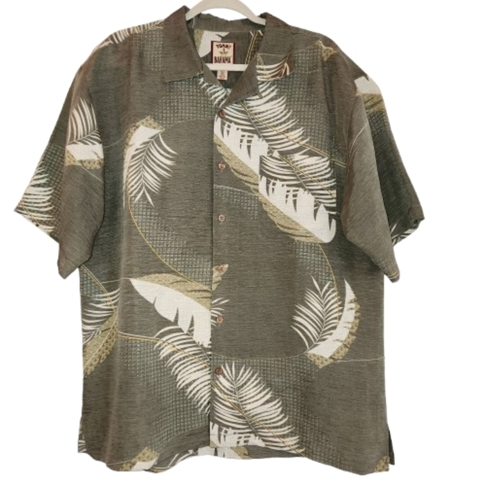 Tommy Bahama Silk/Linen Olive Green Tropical Print Button Down Shirt Size L